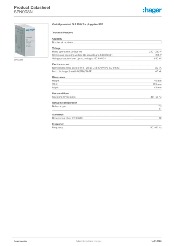 Image Hager Product data sheet SPN008N  | Hager Australia