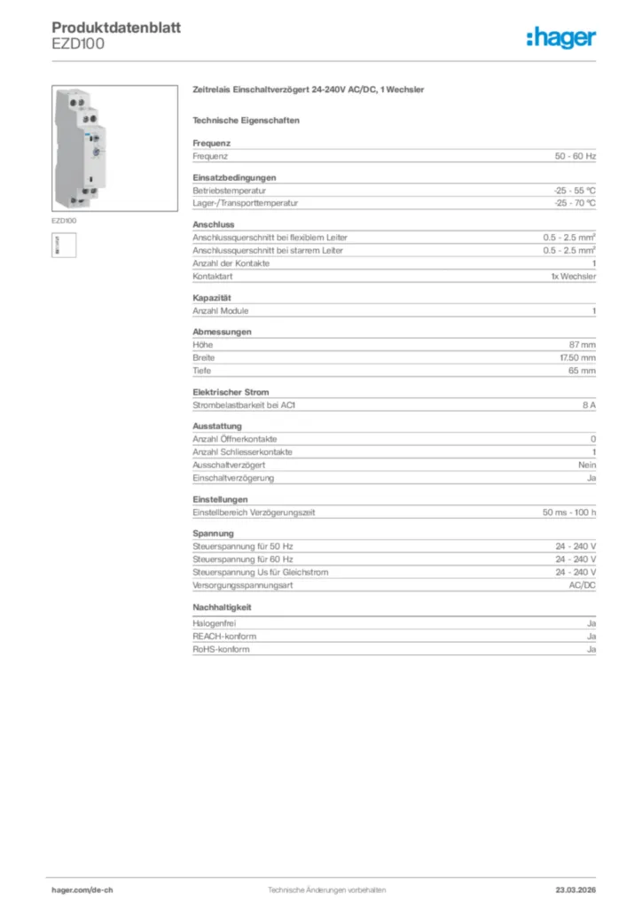 Bild Hager Produktdatenblatt EZD100 | Hager Schweiz