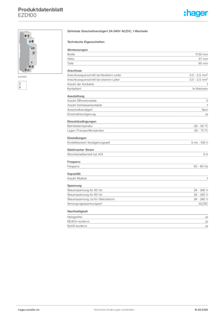 Bild Hager Produktdatenblatt EZD100 | Hager Schweiz