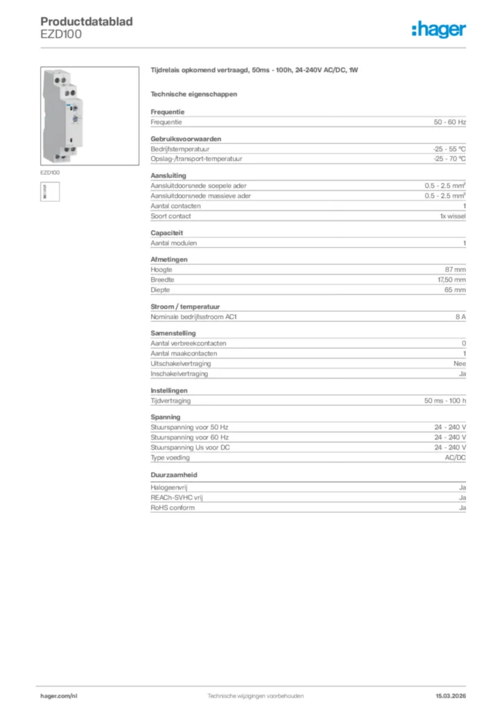 Afbeelding Hager Productdatablad EZD100 | Hager Nederland