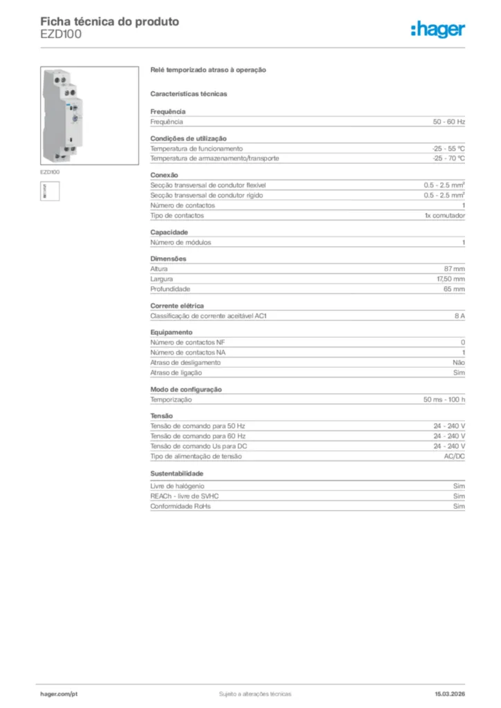 Imagem Hager Ficha técnica do produto EZD100 | Hager Portugal