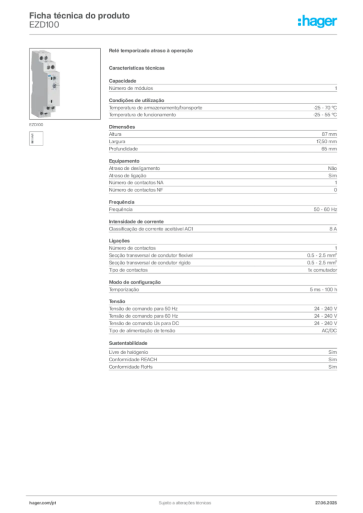 Imagem Hager Ficha técnica do produto EZD100 | Hager Portugal