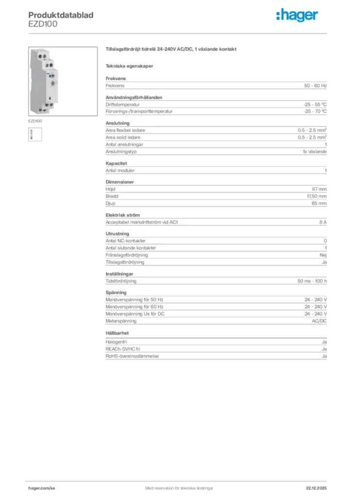 Bild Hager Produktdatablad EZD100 | Hager Sverige