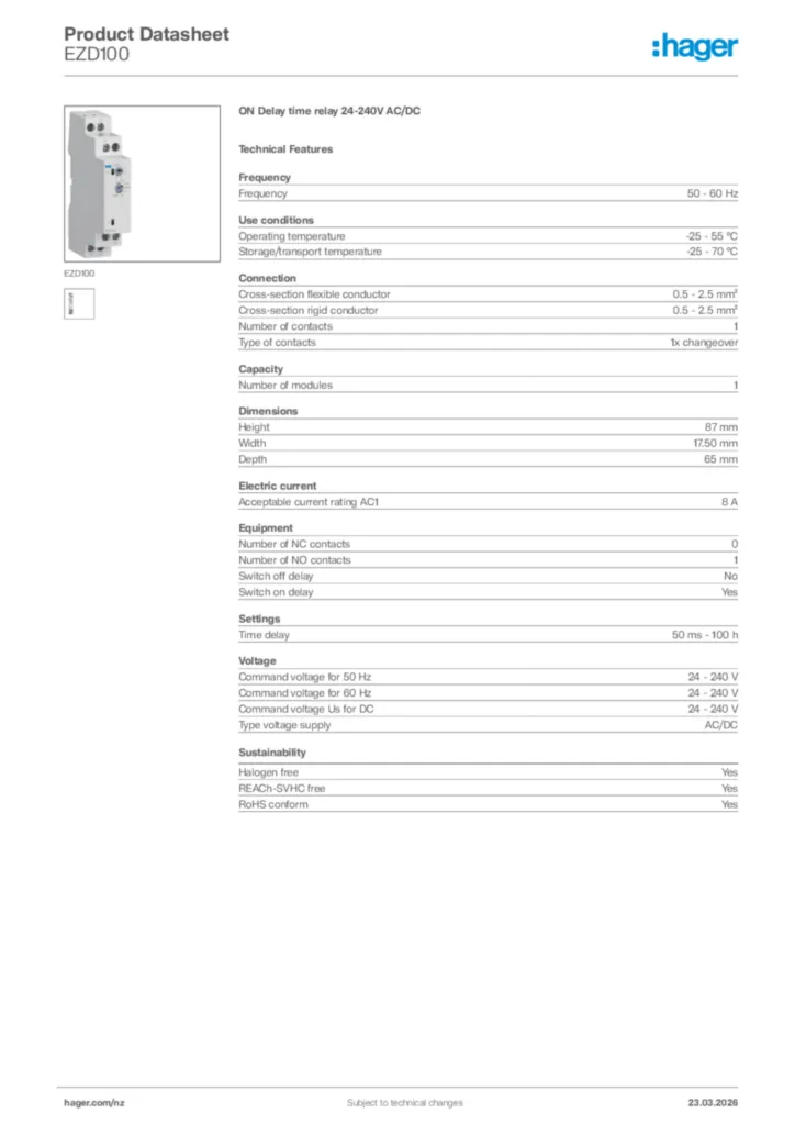 Image Hager Product data sheet EZD100  | Hager New Zealand