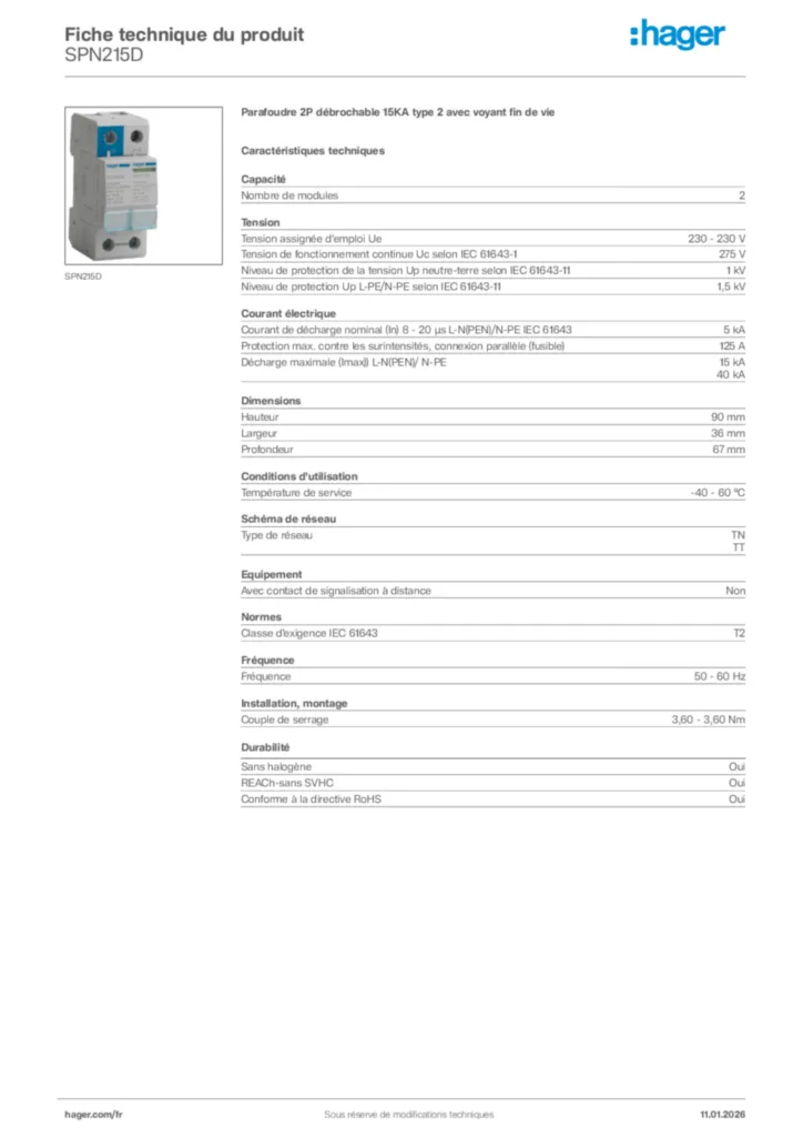 Image Hager Fiche technique du produit SPN215D | Hager France