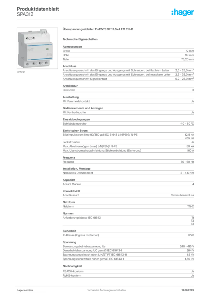 Bild Hager Produktdatenblatt SPA312 | Hager Deutschland