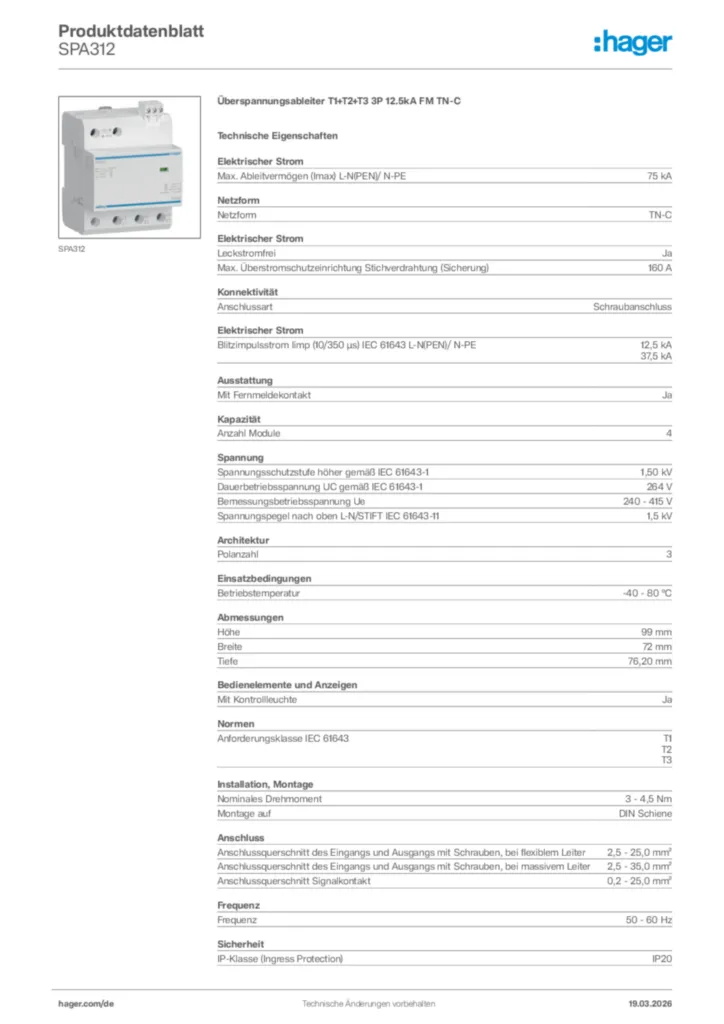 Bild Hager Produktdatenblatt SPA312 | Hager Deutschland