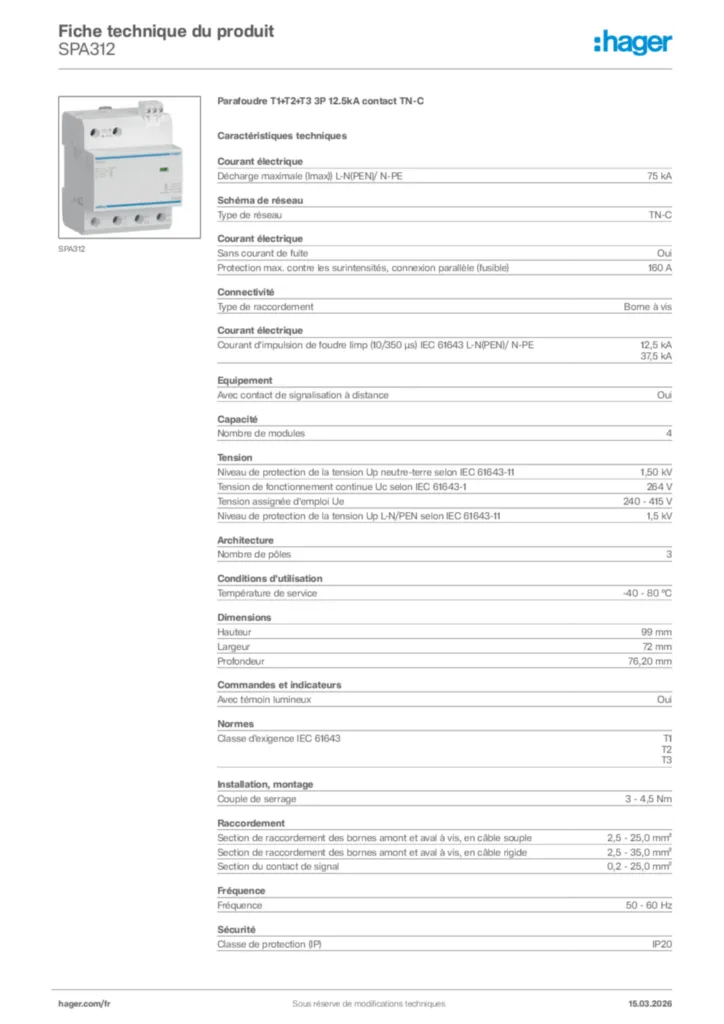 Image Hager Fiche technique du produit SPA312 | Hager France