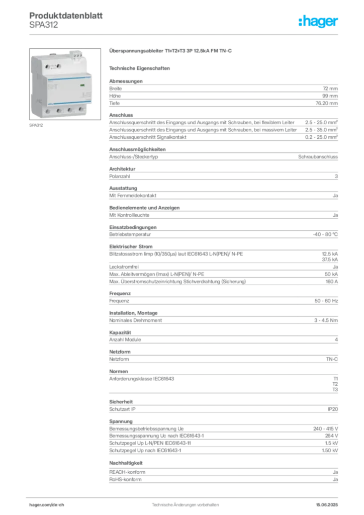 Bild Hager Produktdatenblatt SPA312 | Hager Schweiz