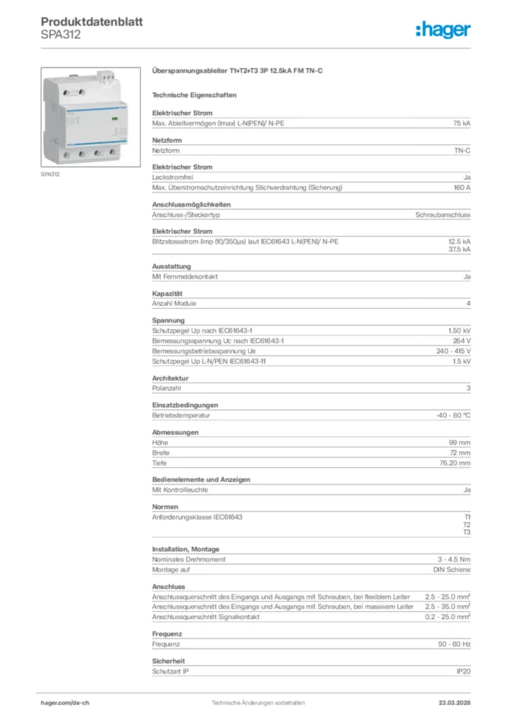 Bild Hager Produktdatenblatt SPA312 | Hager Schweiz