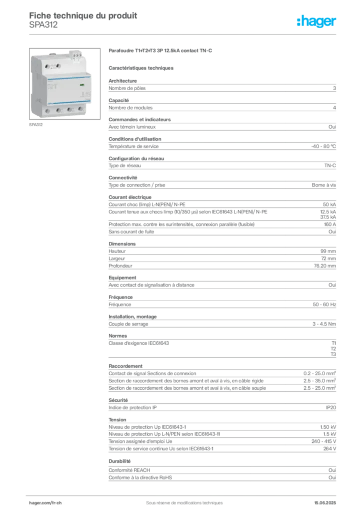 Image Hager Fiche technique du produit SPA312 | Hager Suisse
