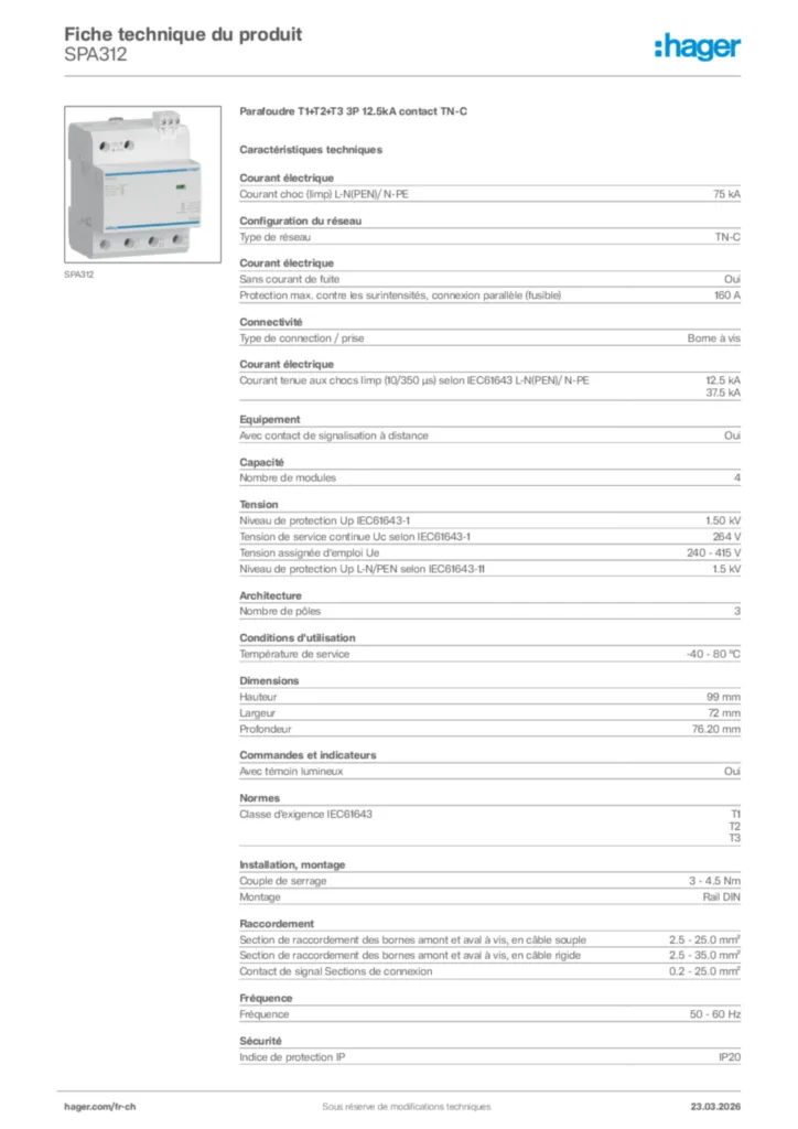 Image Hager Fiche technique du produit SPA312 | Hager Suisse