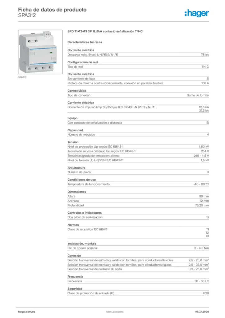 Imagen Hager Ficha de datos de producto SPA312 | Hager España
