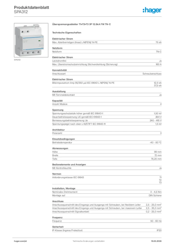 Bild Hager Produktdatenblatt SPA312 | Hager Deutschland