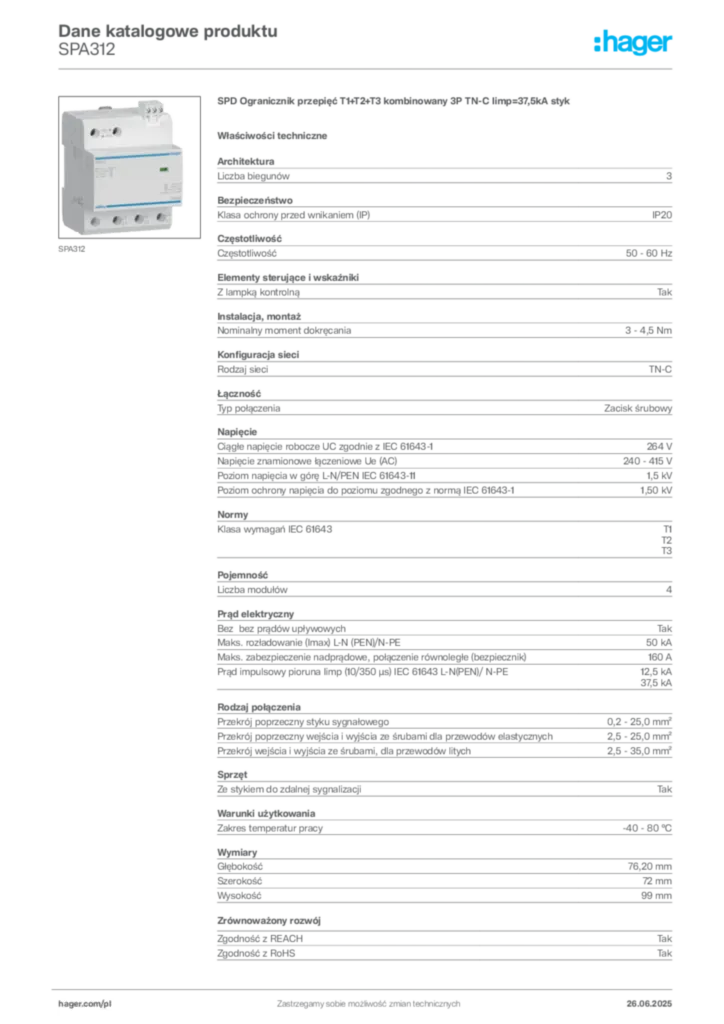 Zdjęcie Hager Dane katalogowe produktu SPA312 | Hager Polska