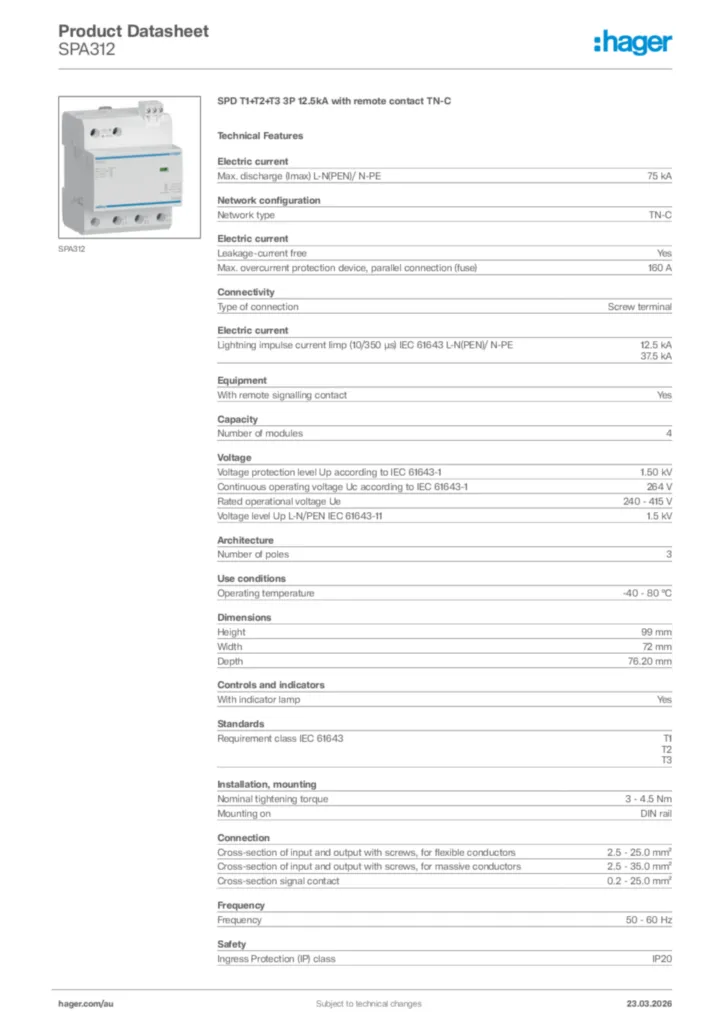 Image Hager Product data sheet SPA312  | Hager Australia