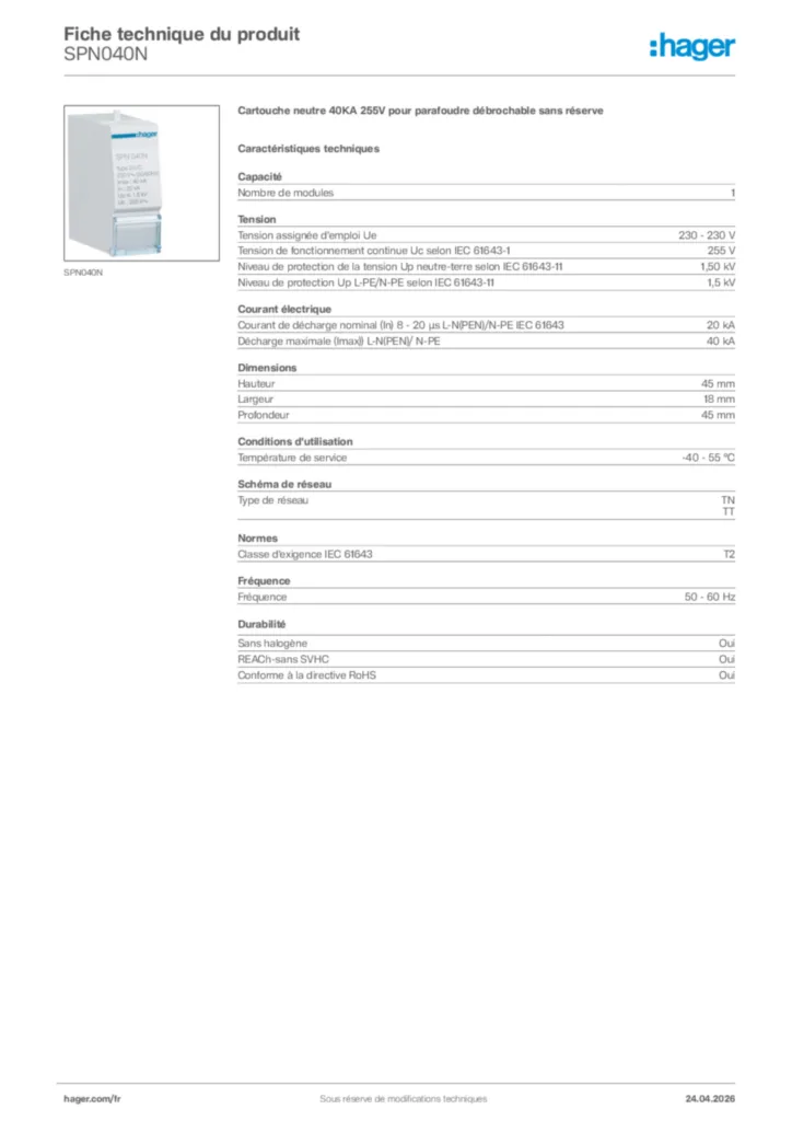 Image Hager Fiche technique du produit SPN040N | Hager France
