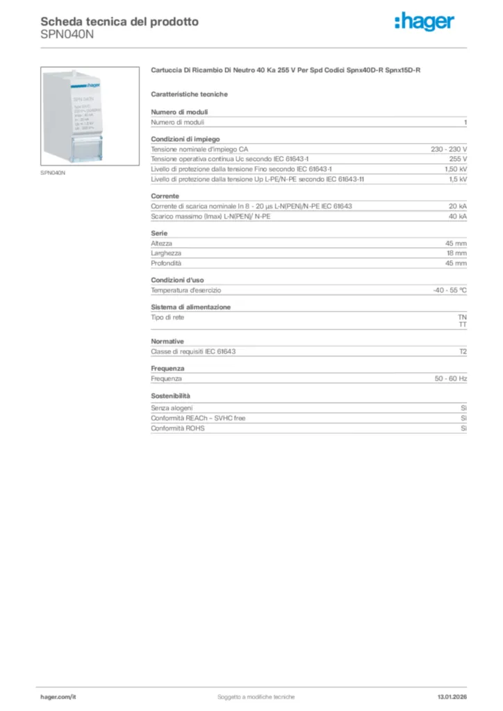 Immagine Hager Scheda tecnica del prodotto SPN040N | Hager Italia