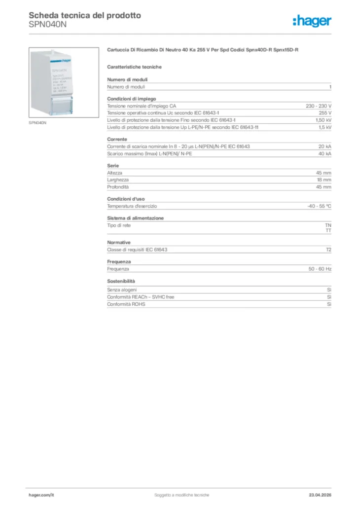 Immagine Hager Scheda tecnica del prodotto SPN040N | Hager Italia