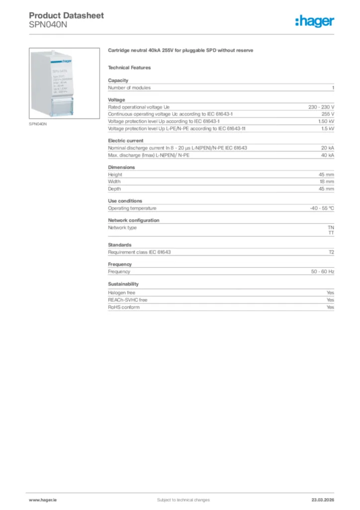 Image Hager Product data sheet SPN040N  | Hager