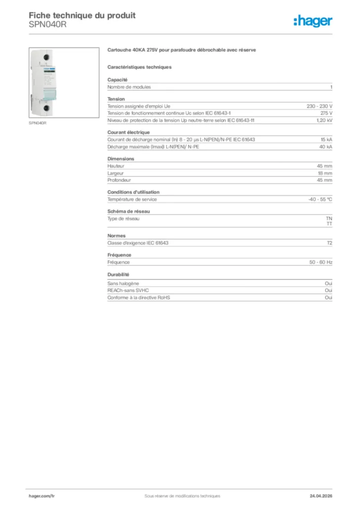 Image Hager Fiche technique du produit SPN040R | Hager France