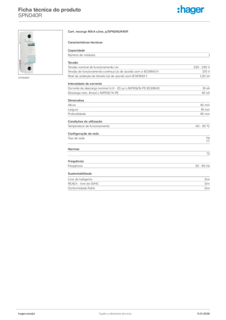 Imagem Hager Ficha técnica do produto SPN040R | Hager Portugal