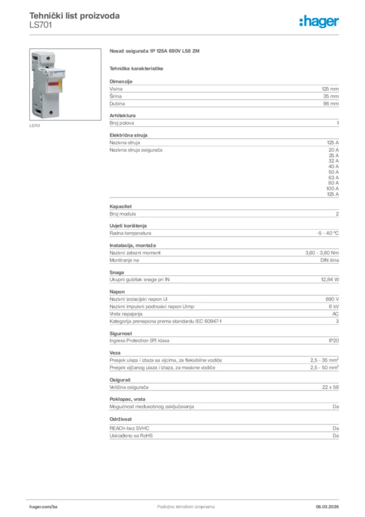 Slika Hager Tehnički list proizvoda LS701  | Hager