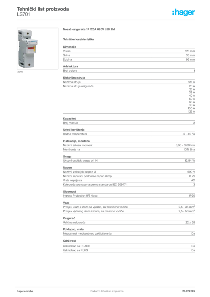 Slika Hager Product data sheet LS701  | Hager