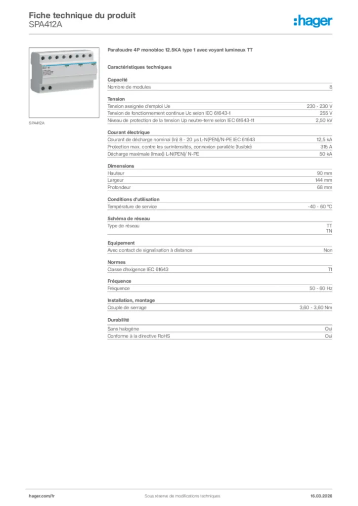 Image Hager Fiche technique du produit SPA412A | Hager France
