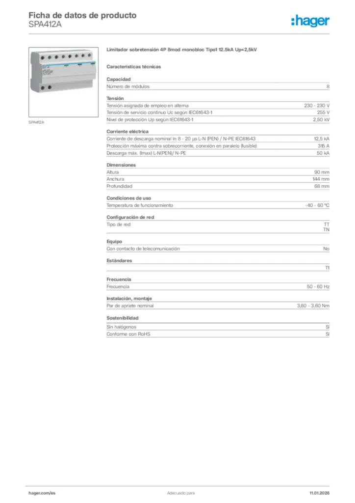Imagen Hager Ficha de datos de producto SPA412A | Hager España