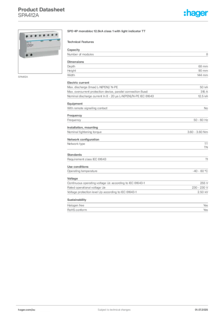 Image Hager Product data sheet SPA412A  | Hager Australia