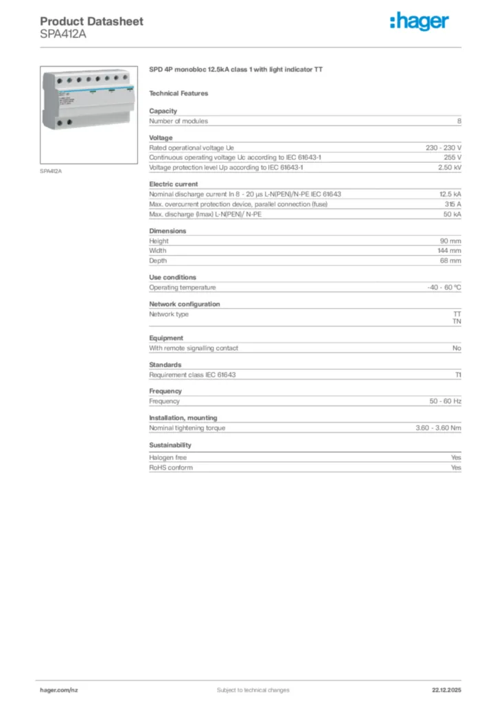 Image Hager Product data sheet SPA412A  | Hager New Zealand