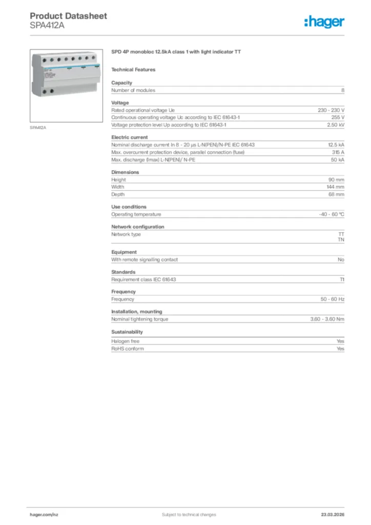 Image Hager Product data sheet SPA412A  | Hager New Zealand