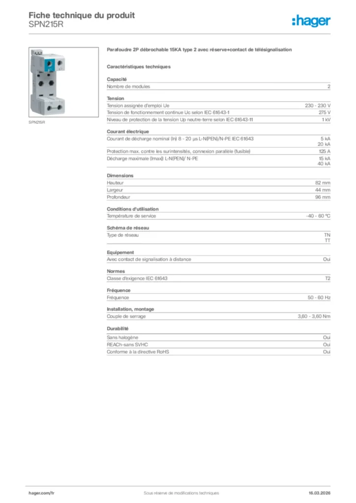 Image Hager Fiche technique du produit SPN215R | Hager France