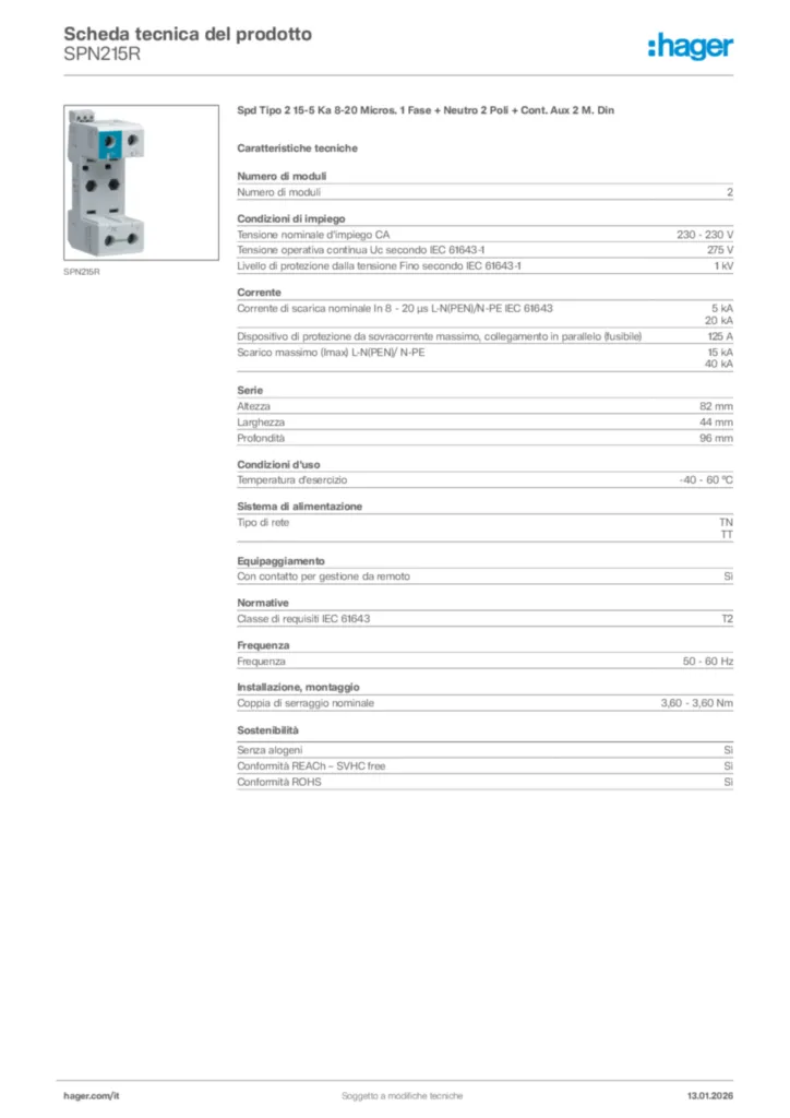 Immagine Hager Scheda tecnica del prodotto SPN215R | Hager Italia