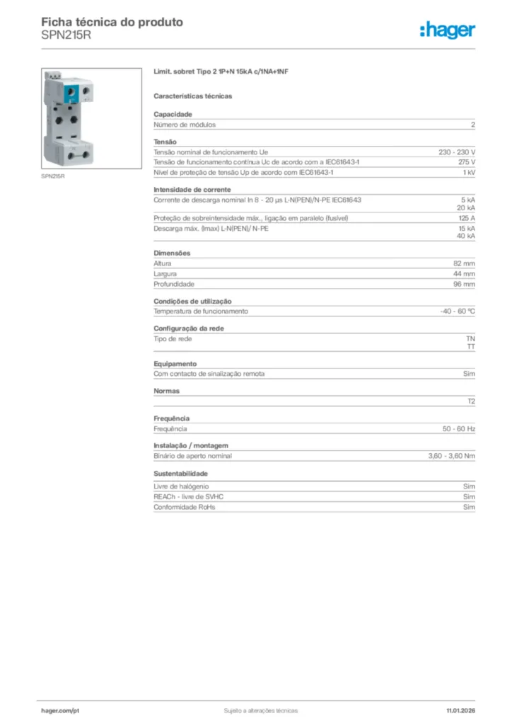 Imagem Hager Ficha técnica do produto SPN215R | Hager Portugal