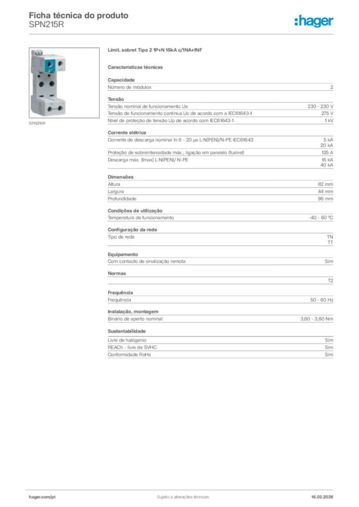 Imagem Hager Ficha técnica do produto SPN215R | Hager Portugal