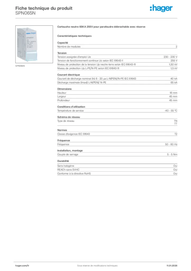 Image Hager Fiche technique du produit SPN065N | Hager France
