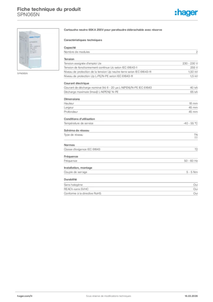 Image Hager Fiche technique du produit SPN065N | Hager France