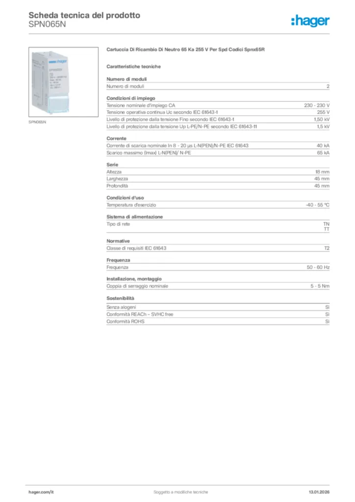 Immagine Hager Scheda tecnica del prodotto SPN065N | Hager Italia