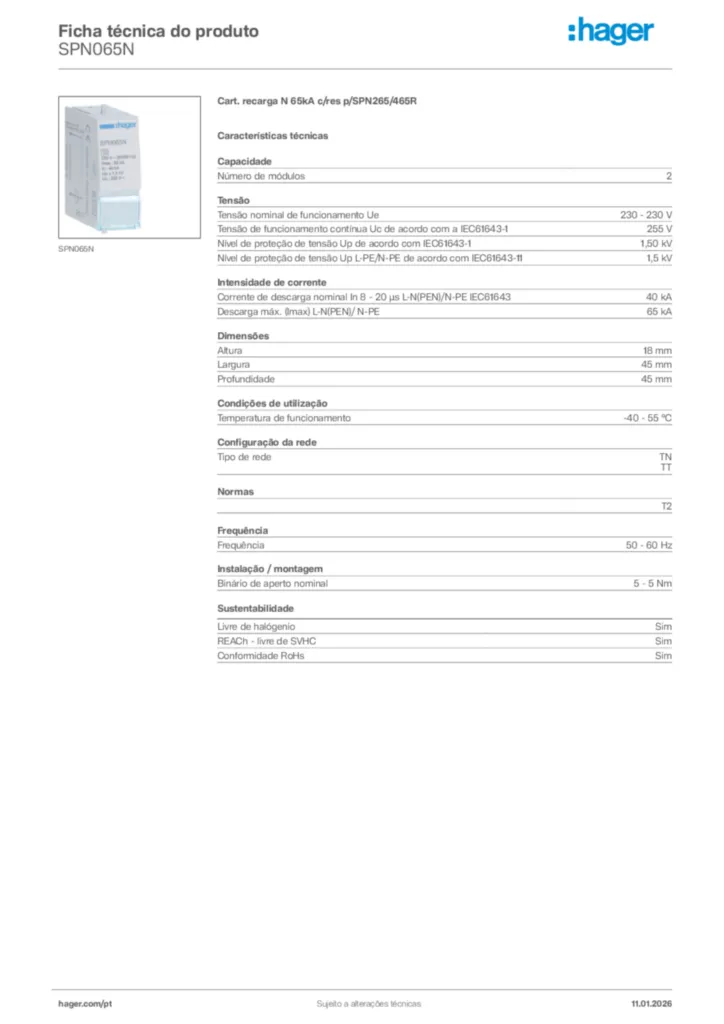 Imagem Hager Ficha técnica do produto SPN065N | Hager Portugal