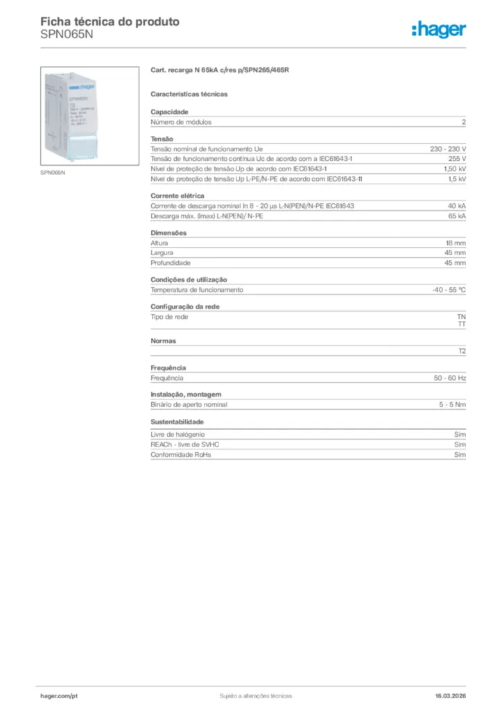 Imagem Hager Ficha técnica do produto SPN065N | Hager Portugal