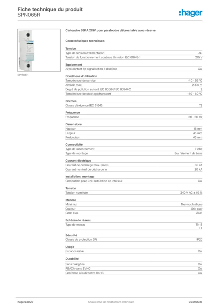 Image Hager Fiche technique du produit SPN065R | Hager France