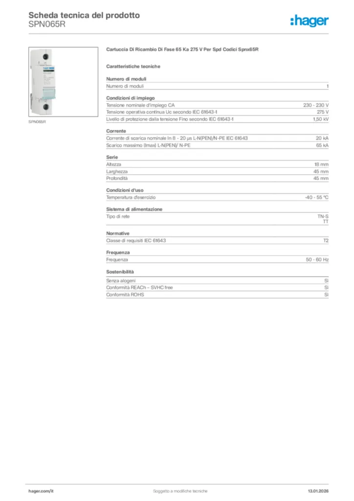 Immagine Hager Scheda tecnica del prodotto SPN065R | Hager Italia