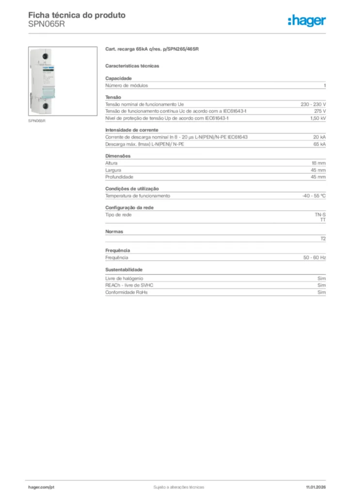 Imagem Hager Ficha técnica do produto SPN065R | Hager Portugal