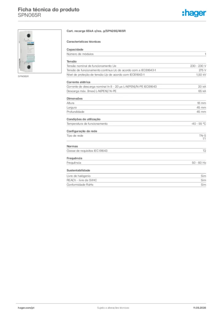 Imagem Hager Ficha técnica do produto SPN065R | Hager Portugal