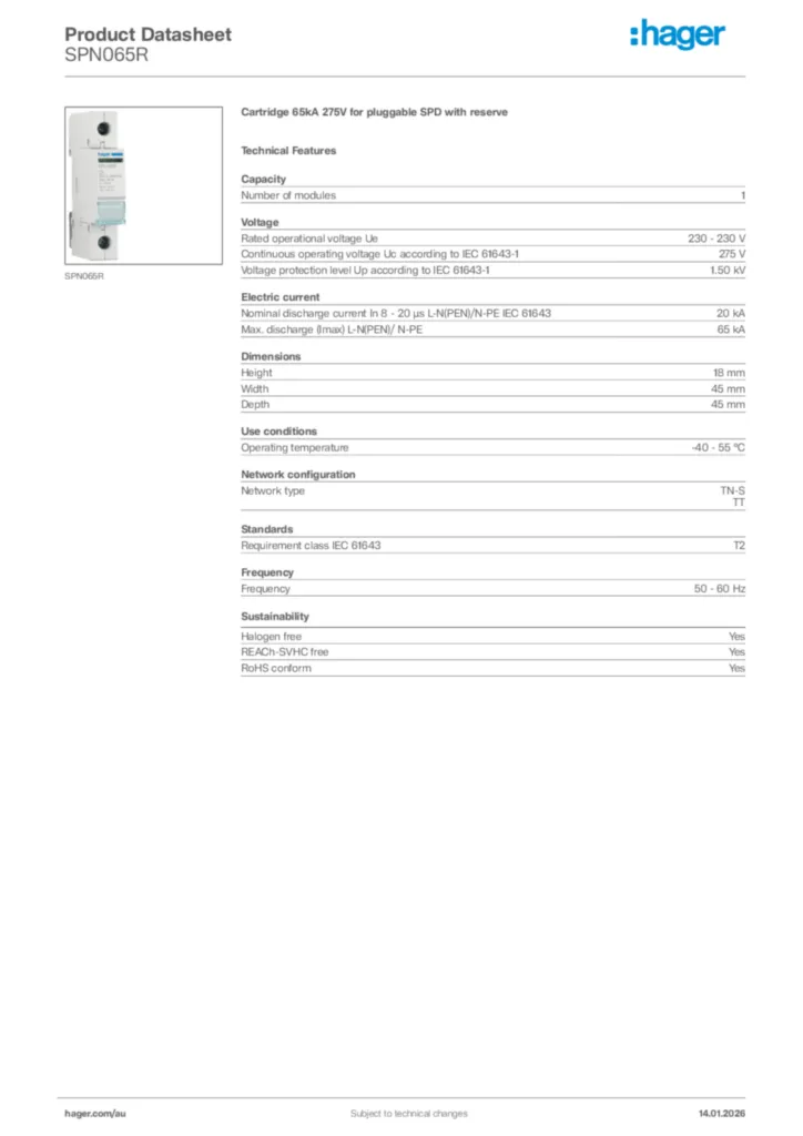 Image Hager Product data sheet SPN065R  | Hager Australia