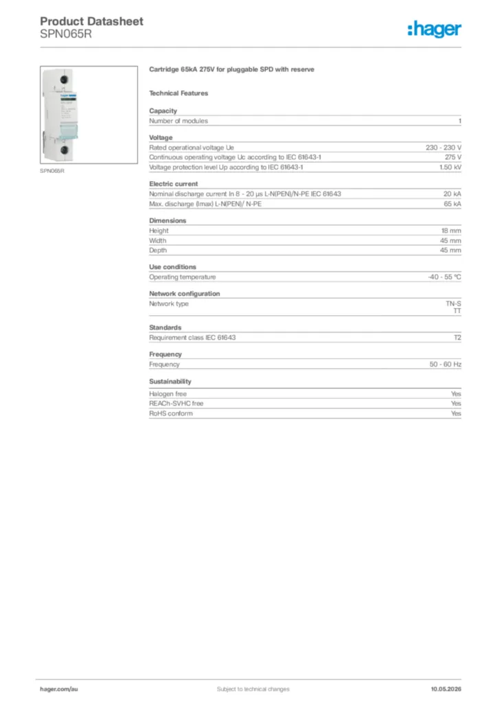 Image Hager Product data sheet SPN065R  | Hager Australia