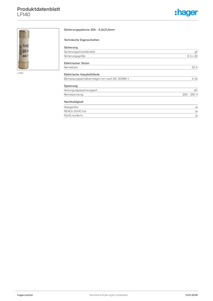 Bild Hager Produktdatenblatt LF140 | Hager Deutschland