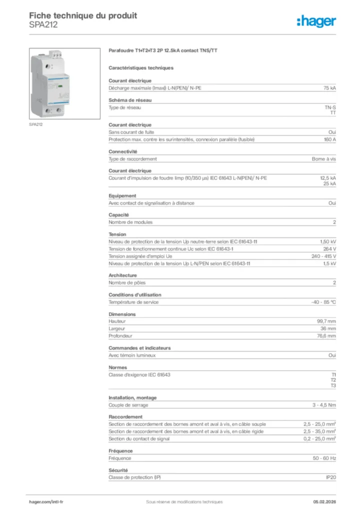Image Hager Fiche technique du produit SPA212 | Hager Afrique